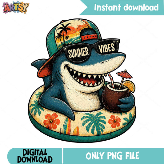 Summer Vibes Shark PNG, Funny Beach Shark, Retro Summer PNG