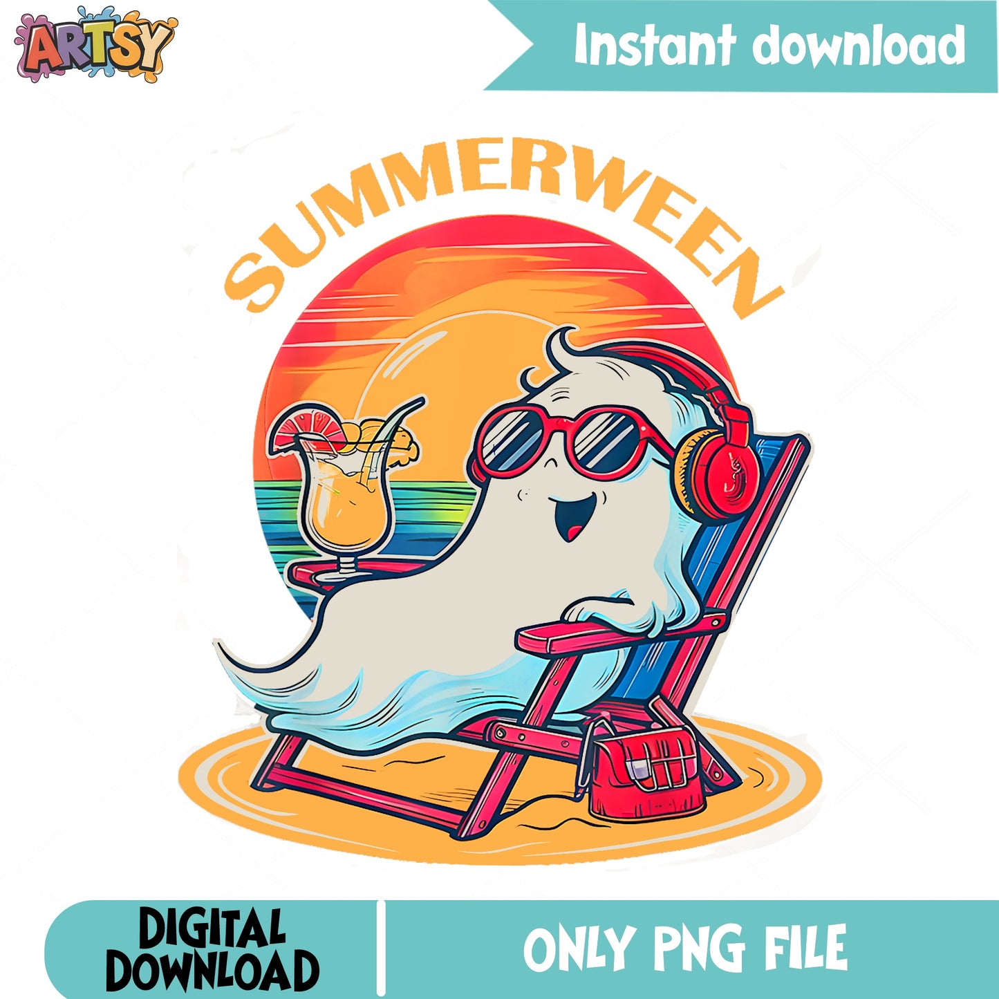 Summerween Ghost Beach PNG, Cute Ghost Summer PNG, Halloween PNG