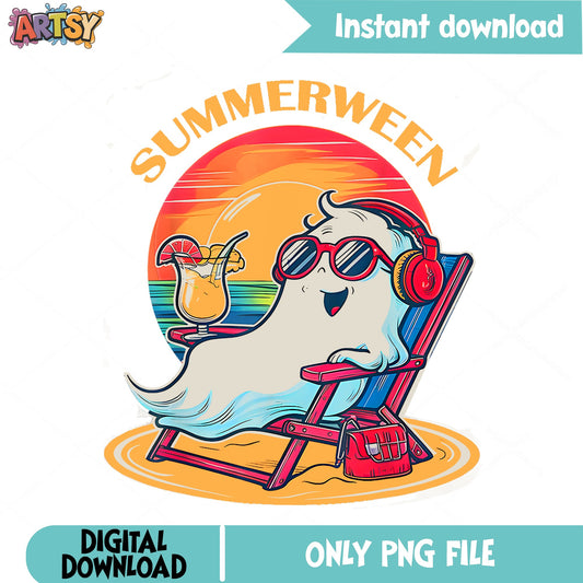Summerween Ghost Beach PNG, Cute Ghost Summer PNG, Halloween PNG