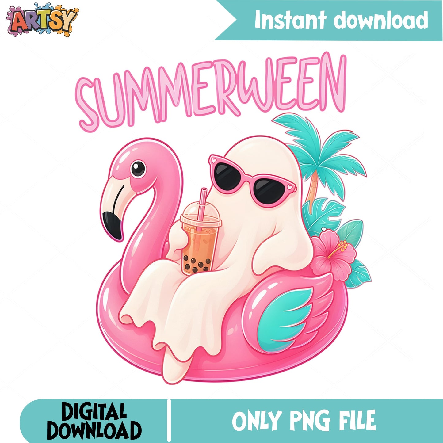Summerween Ghost Flamingo Float PNG, Cute Ghost PNG, Summer PNG