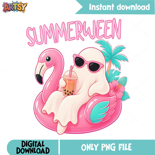 Summerween Ghost Flamingo Float PNG, Cute Ghost PNG, Summer PNG