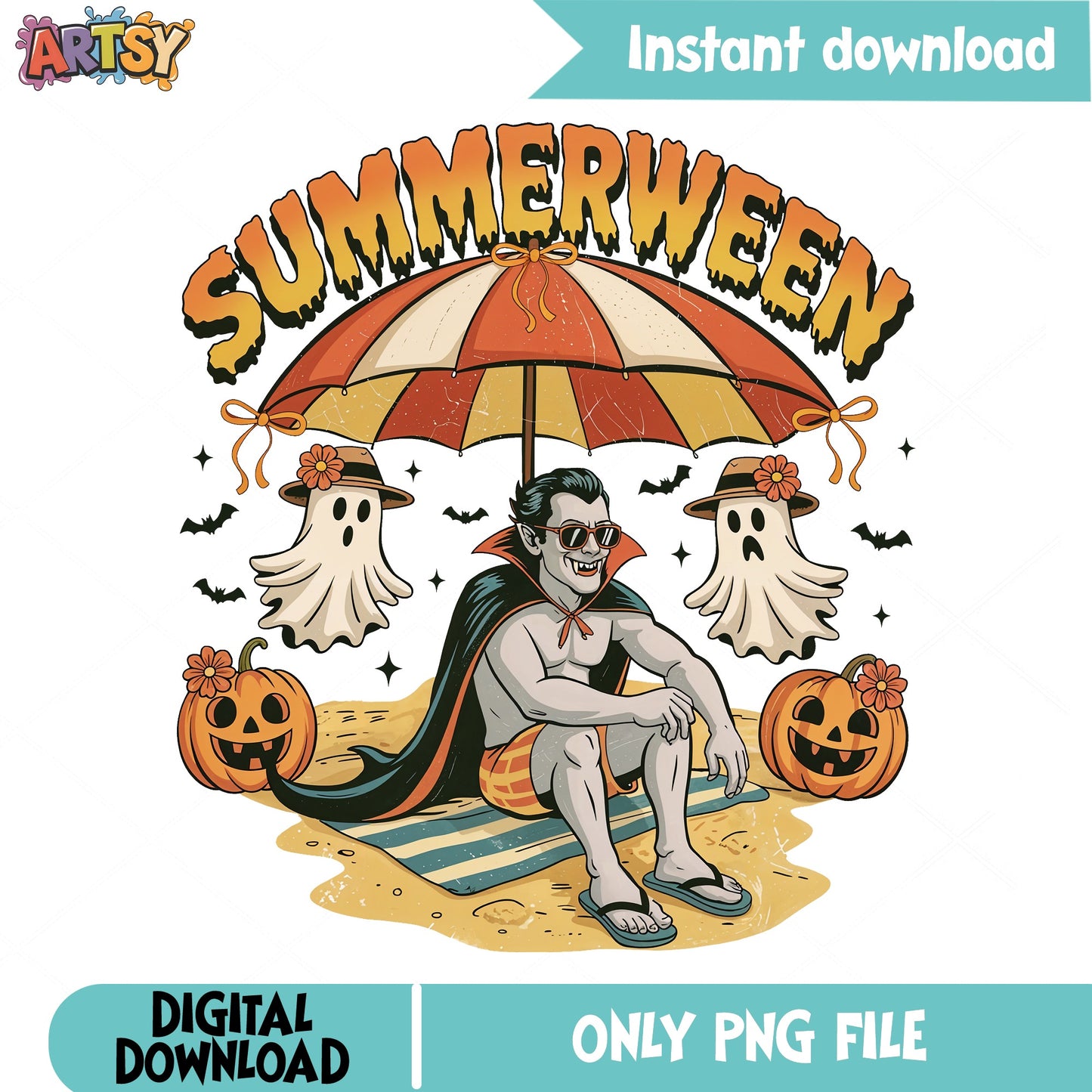 Summerween Halloween PNG, Vampire Ghost Pumpkin PNG, Retro Beach Halloween PNG
