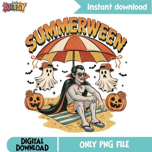 Summerween Halloween PNG, Vampire Ghost Pumpkin PNG, Retro Beach Halloween PNG
