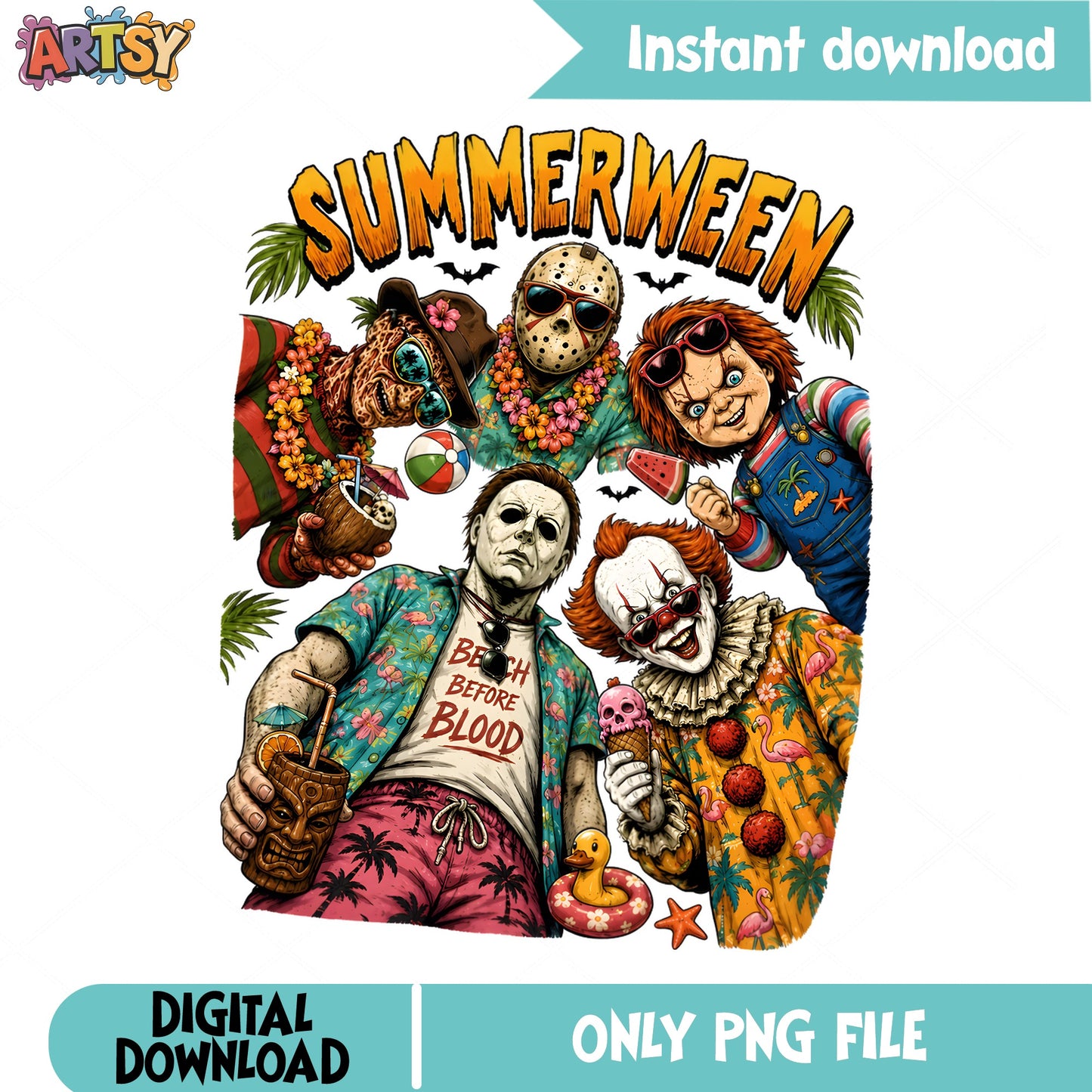 Summerween Horror Characters PNG, Halloween Summer PNG, Beach Before Blood PNG