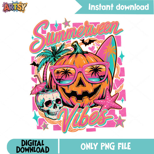 Summerween Vibes PNG, Halloween Summer Pumpkin PNG, Beach PNG