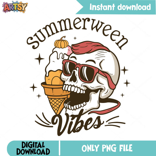 Summerween Vibes Skull PNG, Halloween Summer PNG, Skeleton PNG