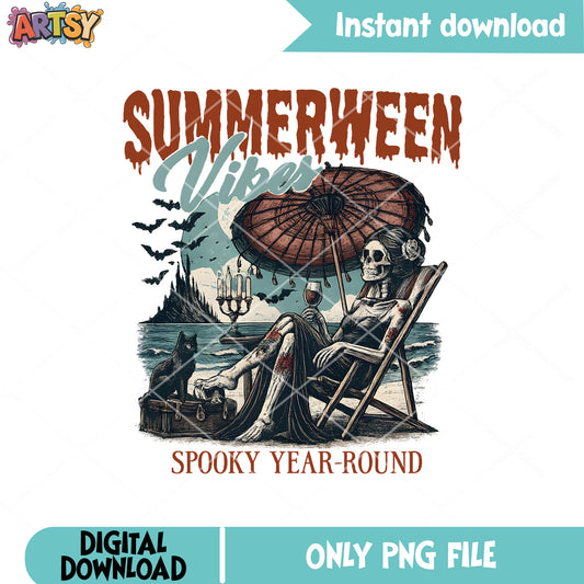 Summerween vibes skeleton png, summer ween png, spooky vibes png