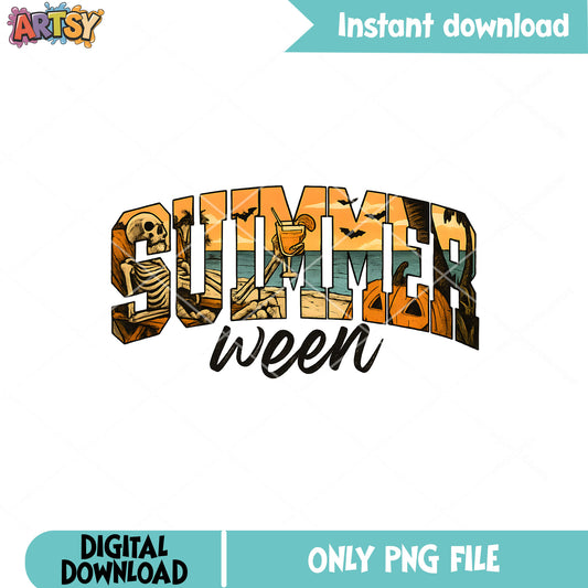 Summerween with skeleton png, skeleton halloween png, summer ween png