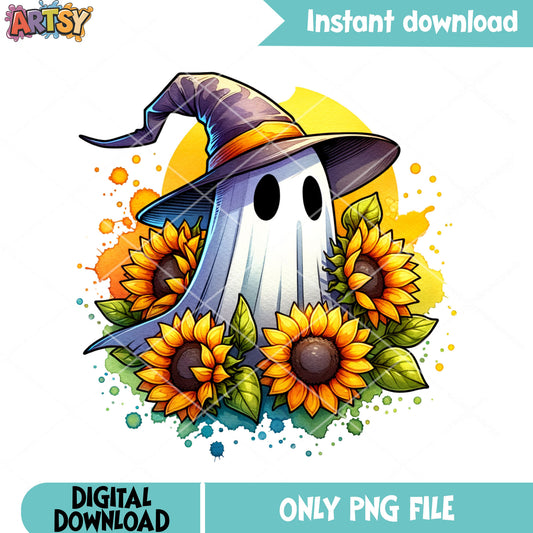 Sunflower ghost png, witches hat png, halloween scary png