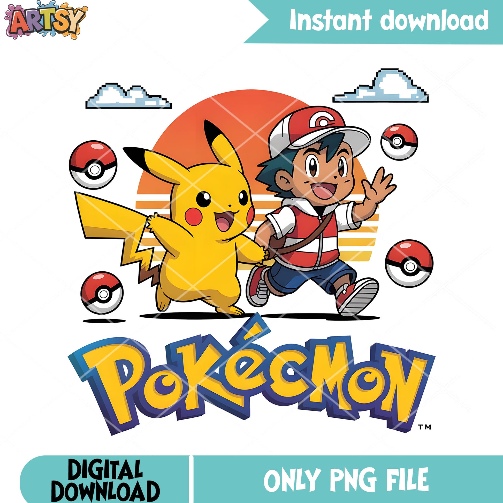 Sunset pikachu ash poster png, pokemon team builder png, pokemon poster png