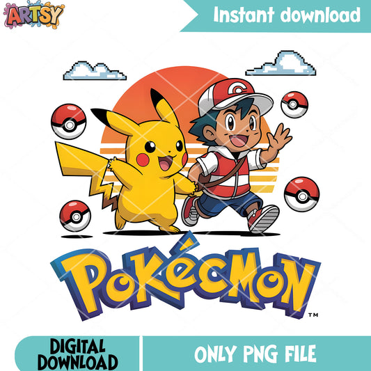 Sunset pikachu ash poster png, pokemon team builder png, pokemon poster png