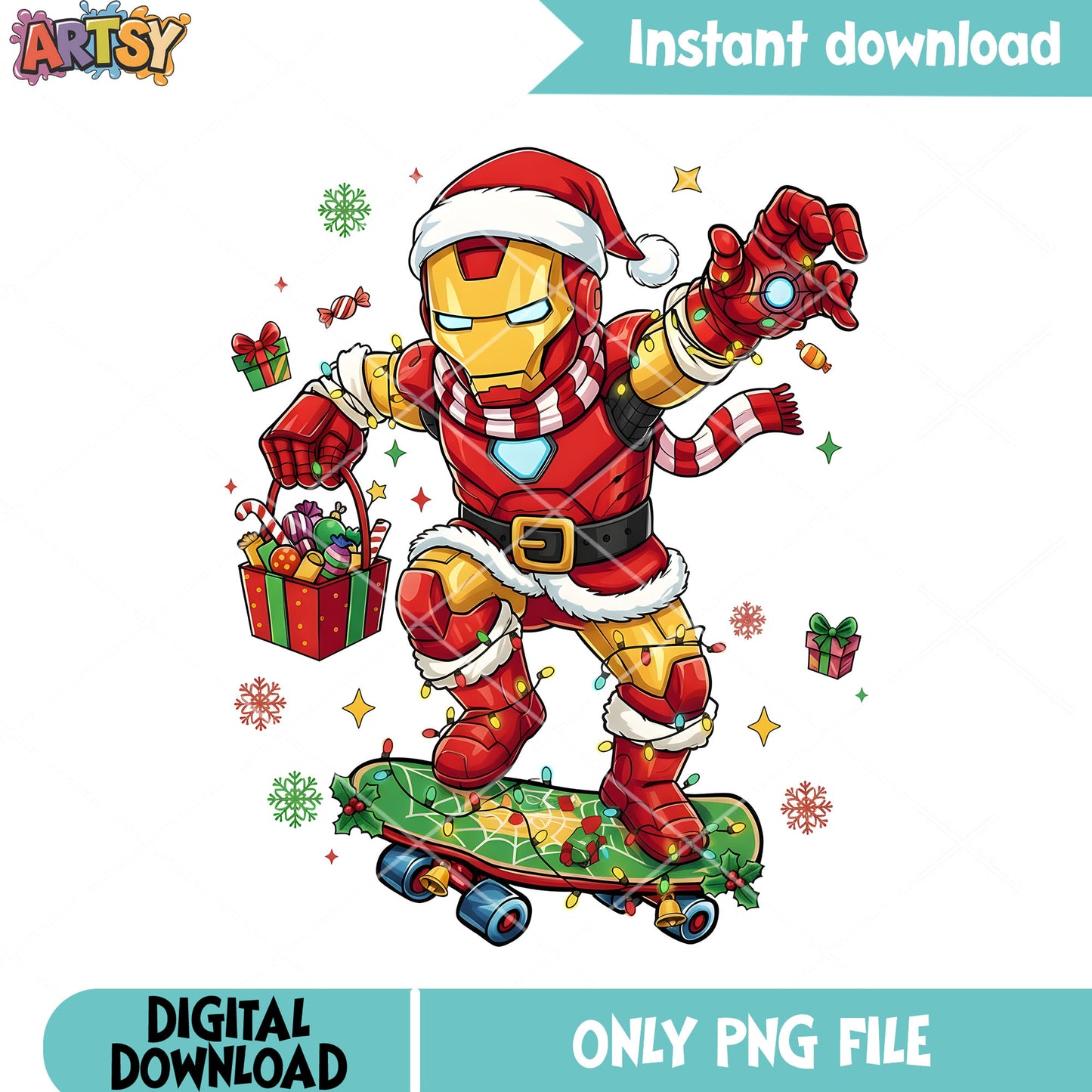 Super hero christmas png, ironman png, christmas gift png