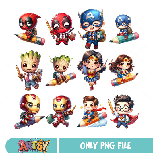 Superheroes x pencil png bundle, superhero movie​ png, school stuff png