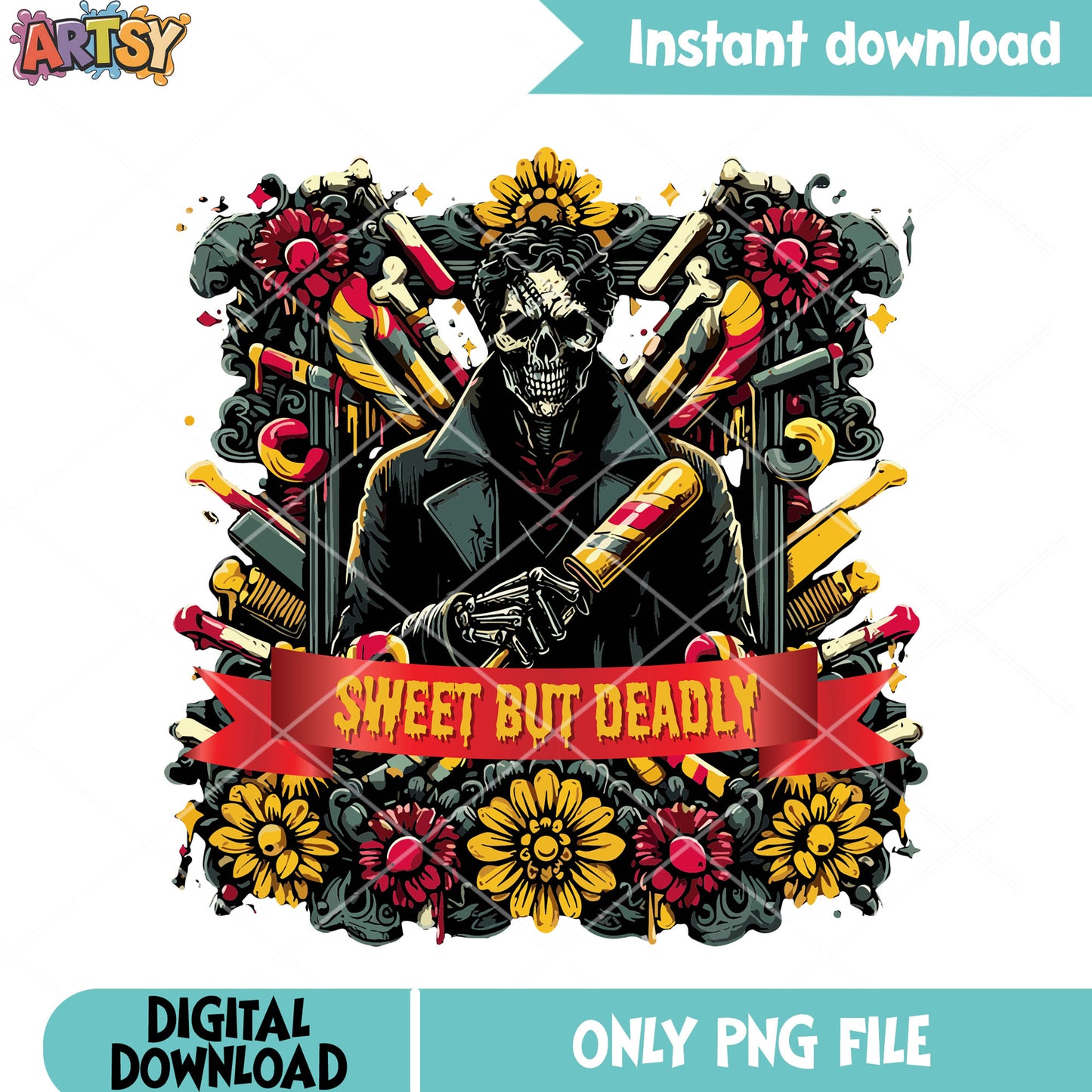 Sweet but deadly png, skull skeleton png, halloween scary png