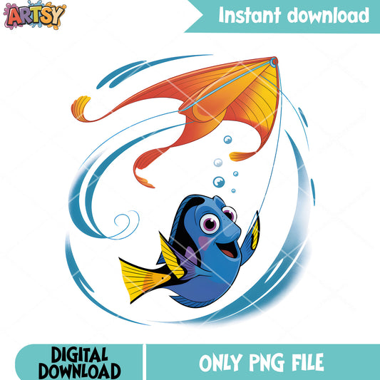 Swim dory vibes fish love kite png, disney poster png, dory fish png