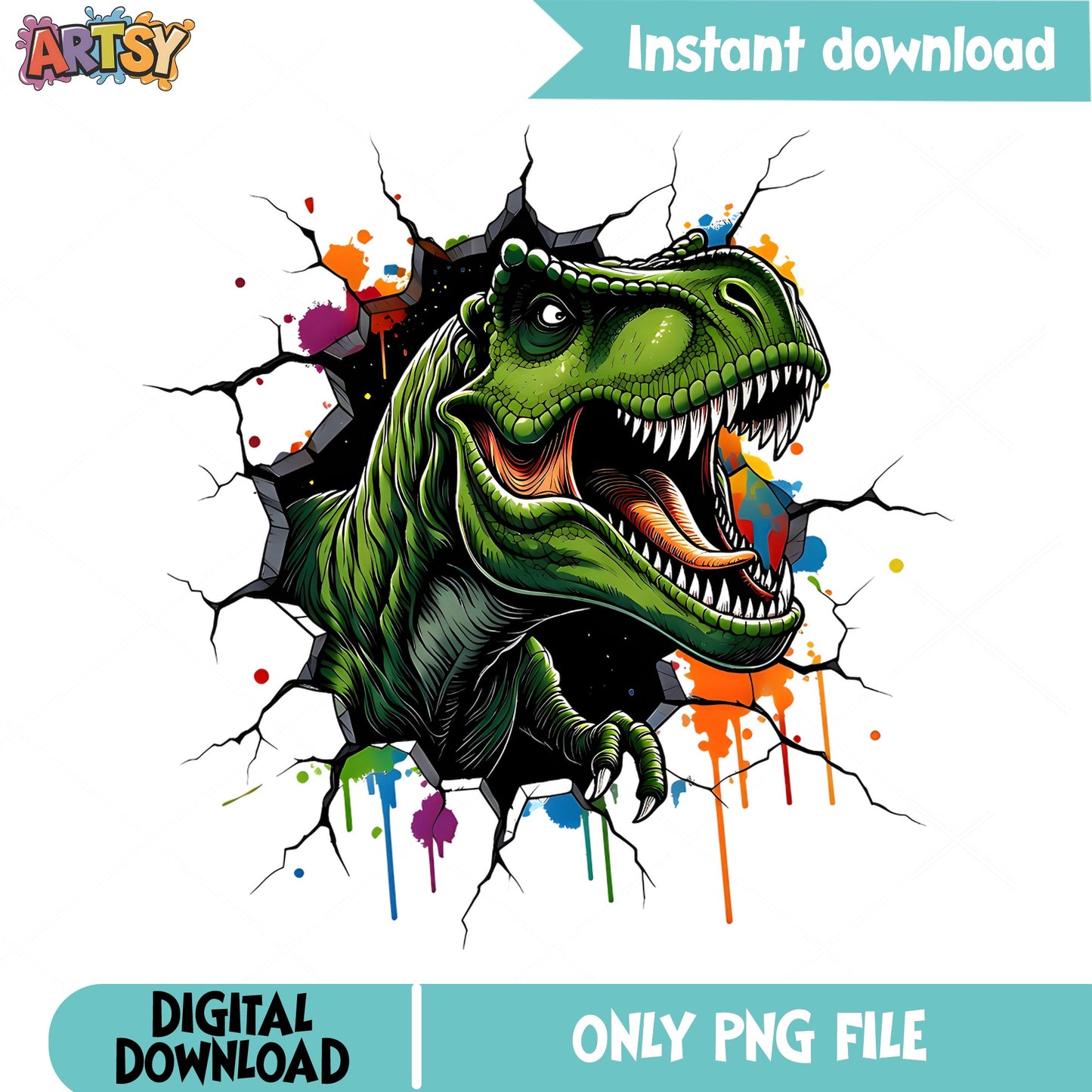 T-Rex Breaking Wall PNG, Dinosaur Sublimation PNG, Dino PNG