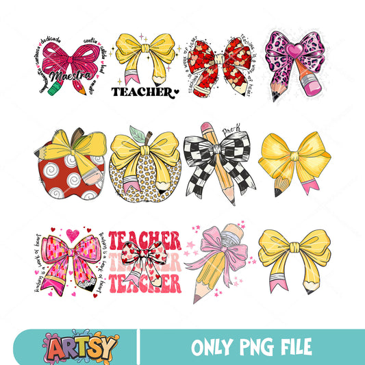 Teacher bow apple png bundle, teacher apples png, bow teacher png