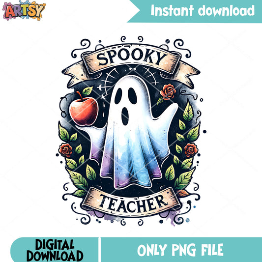 Teacher halloween png, red apple png, scary halloween png
