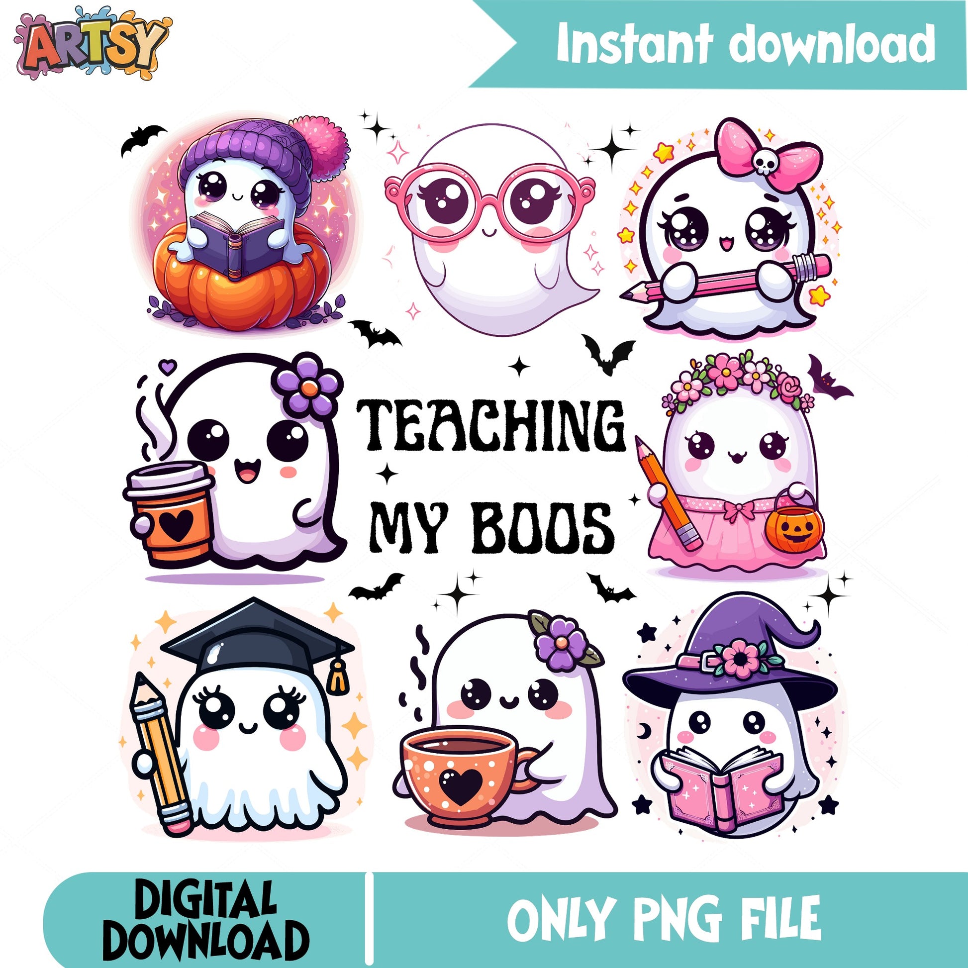 Teaching My Boos Halloween PNG Bundle, Teacher Ghost PNG, Cute Ghost PNG