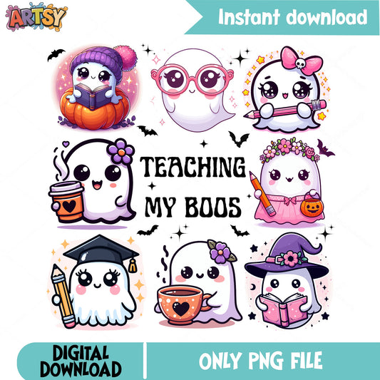 Teaching My Boos Halloween PNG Bundle, Teacher Ghost PNG, Cute Ghost PNG