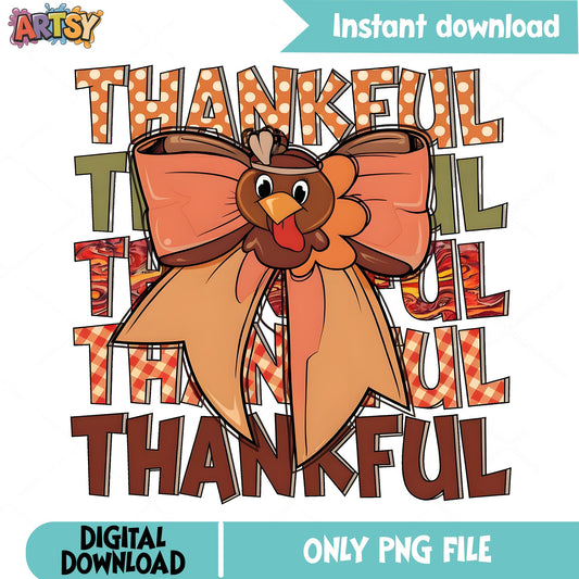 Thankful Turkey Bow PNG, Thanksgiving PNG, Fall Turkey PNG