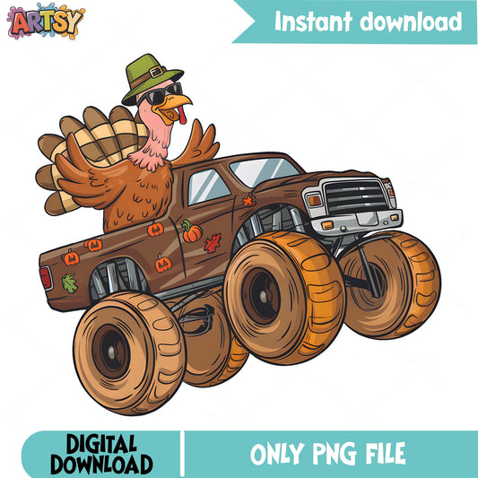 Thanksgiving Turkey Monster Truck PNG, Turkey Pilgrim PNG, Fall PNG