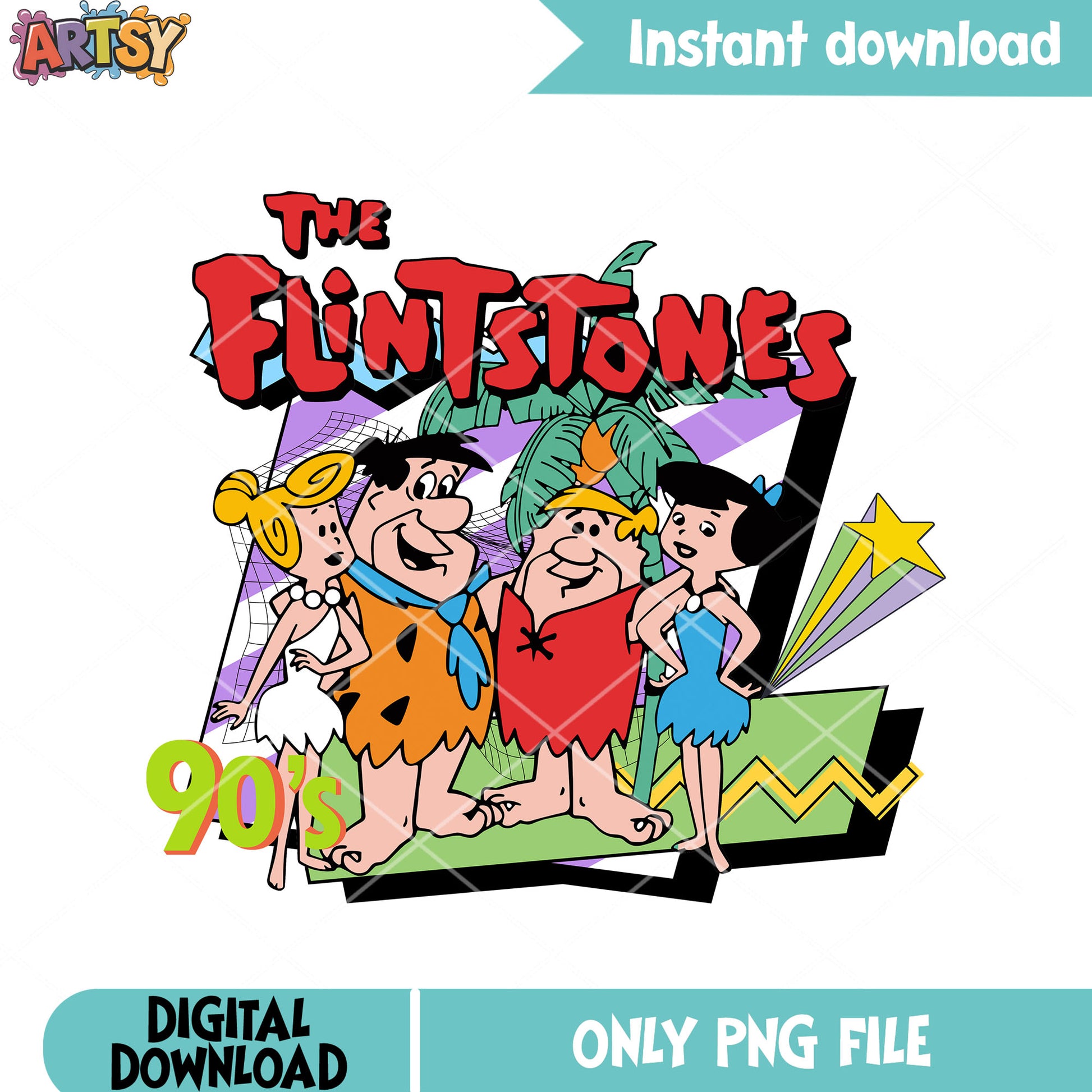 The Flintstone 90s retro cartoon family style png, classic cartoon png