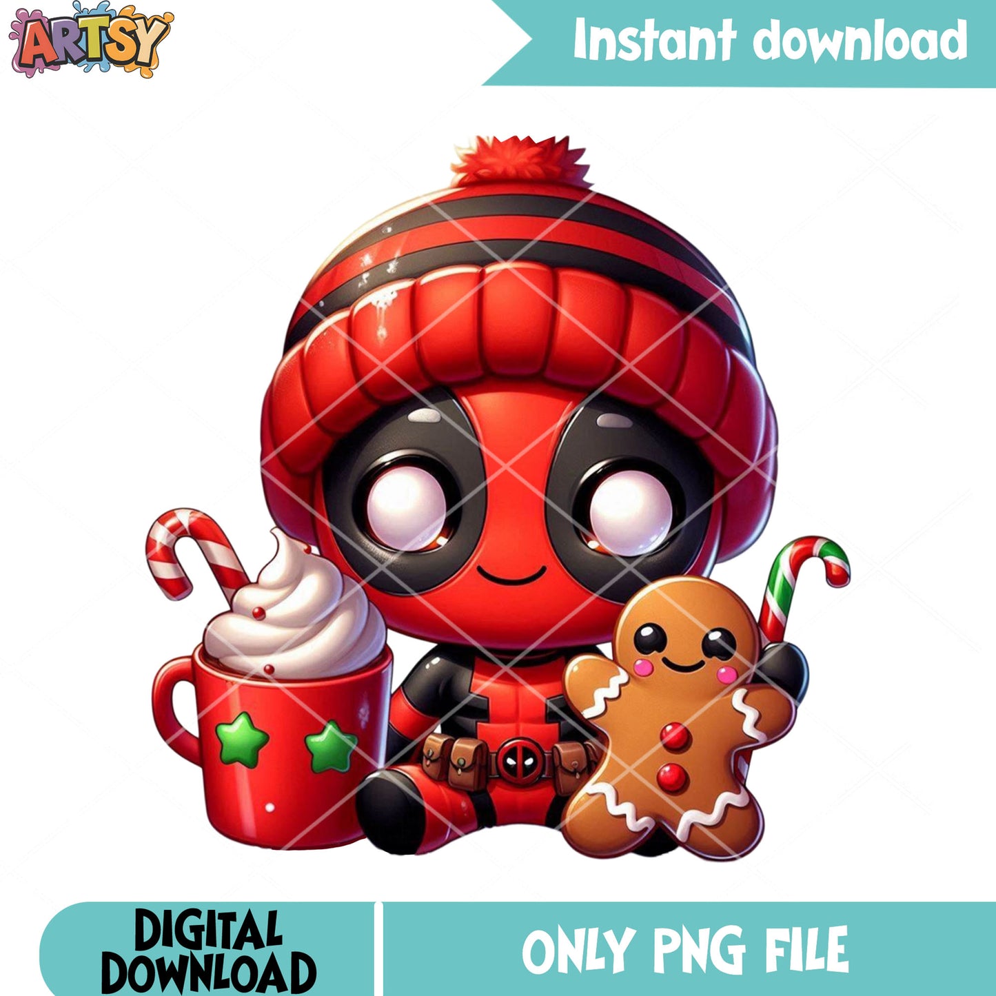 The chibi hero christmas png, deadpool png, christmas coffee png