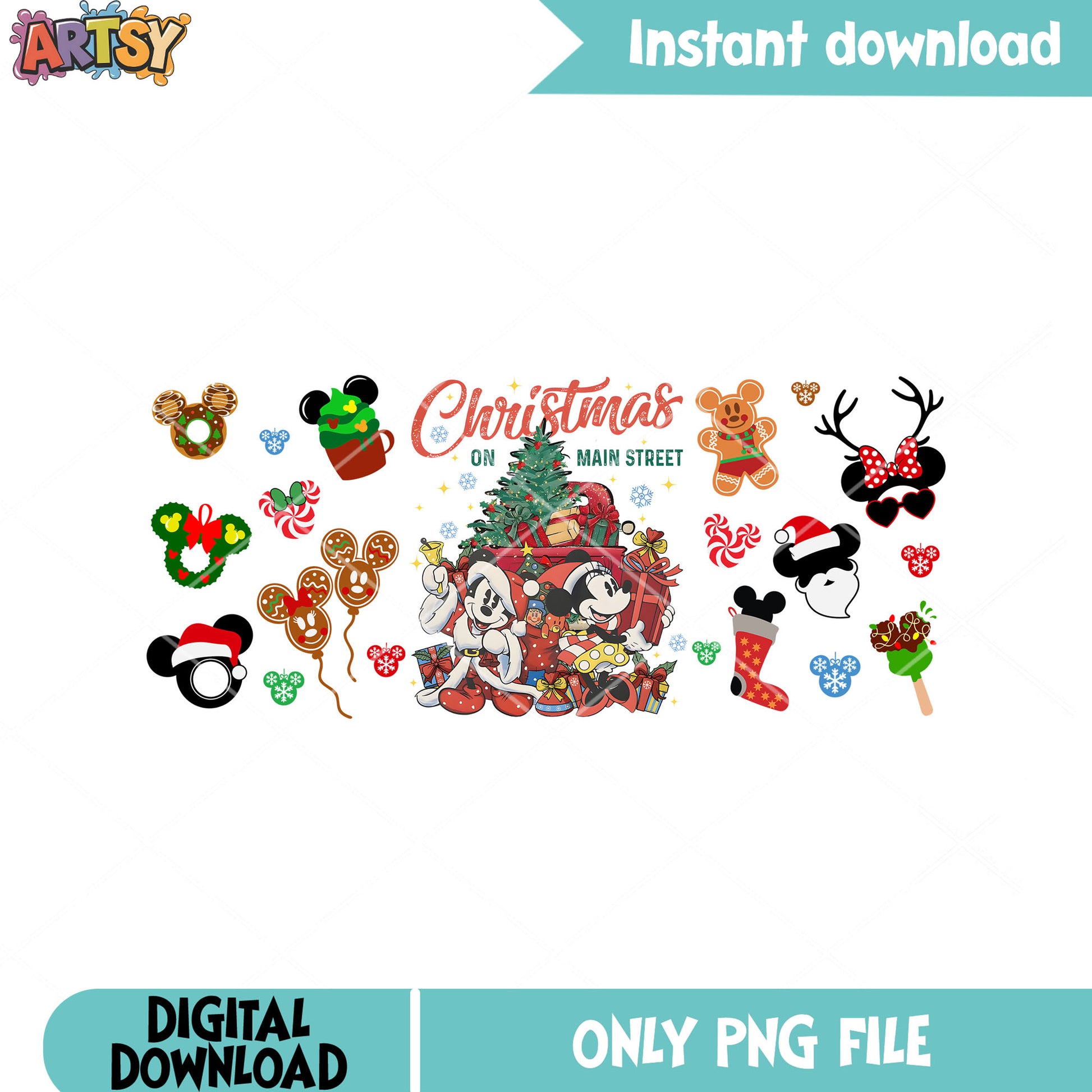 The christmas gifts mickey png, santa hat png, christmas sock png