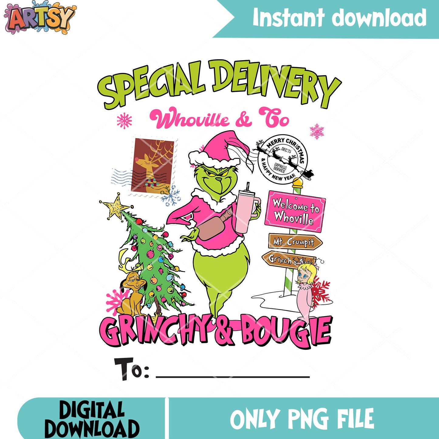The christmas whoville monster png, santa claus png, christmas stamp png