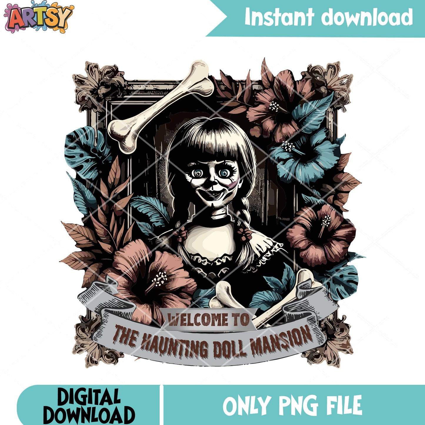 The cursed doll annabelle png, withered flower png, halloween scary png