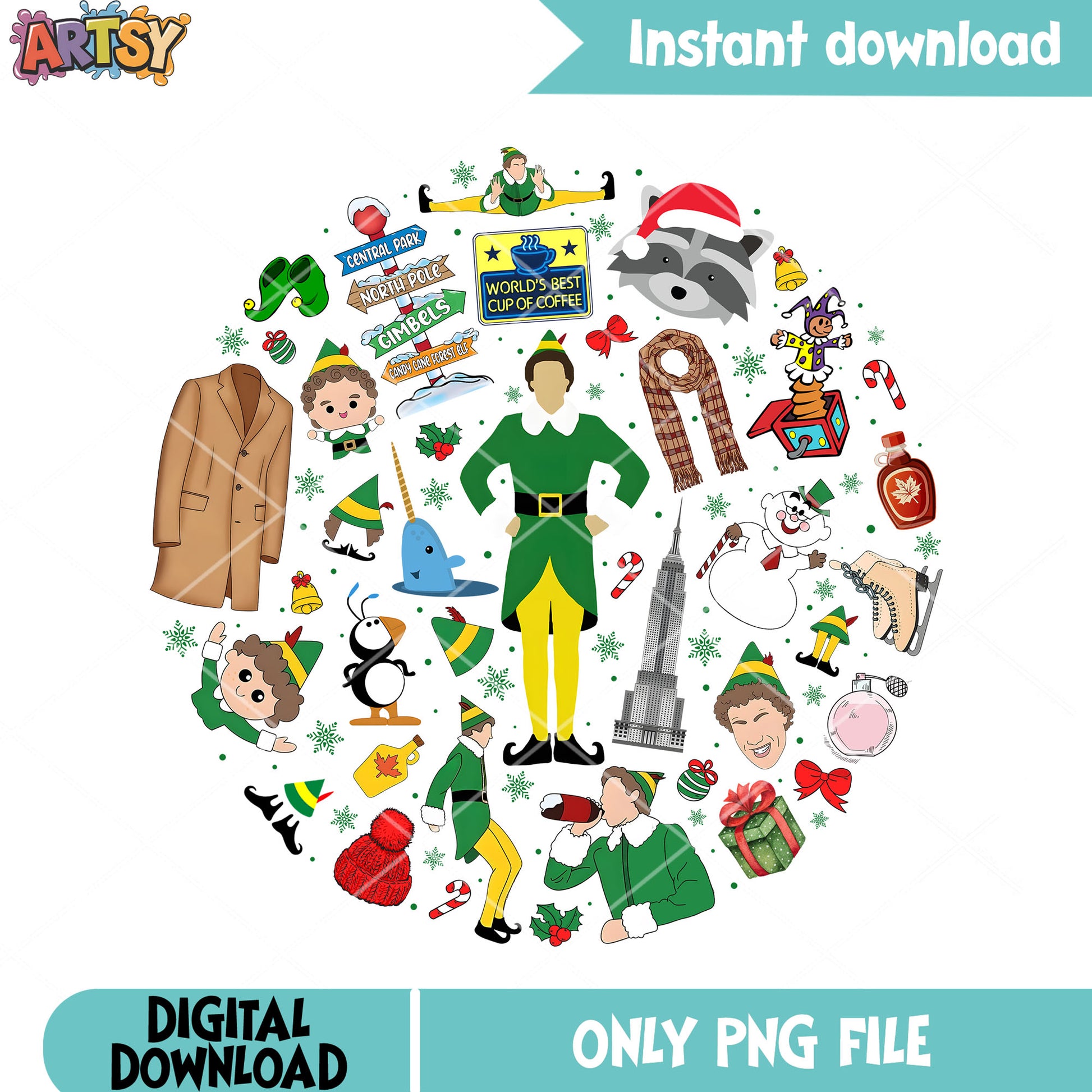 The elf christmas poster png, buddy the elf png, elf movies png