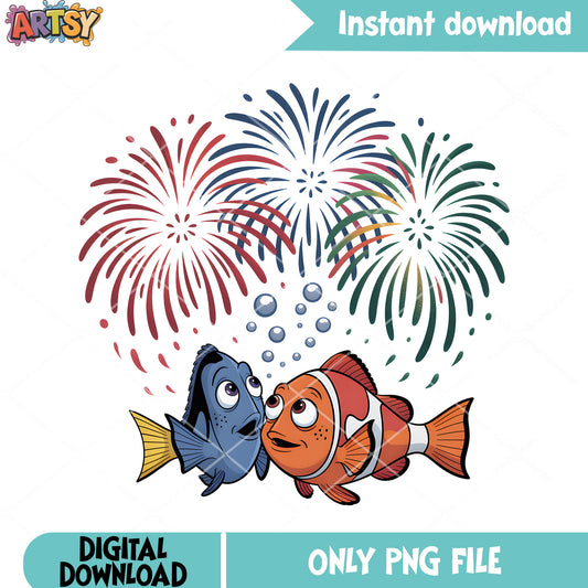 The firework and fish poster png, clownfish marlin png, dory fish png