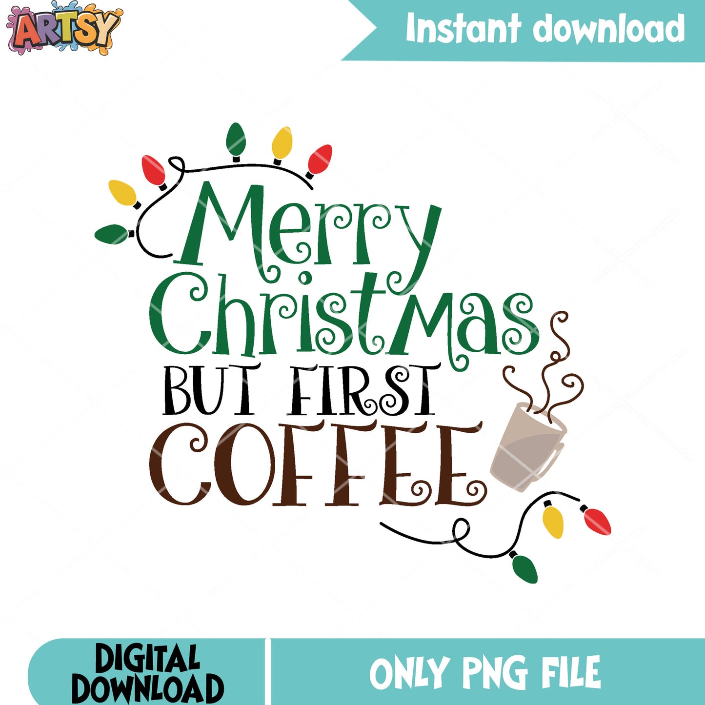 The first coffee xmas png, christmas coffee png, christmas lights png
