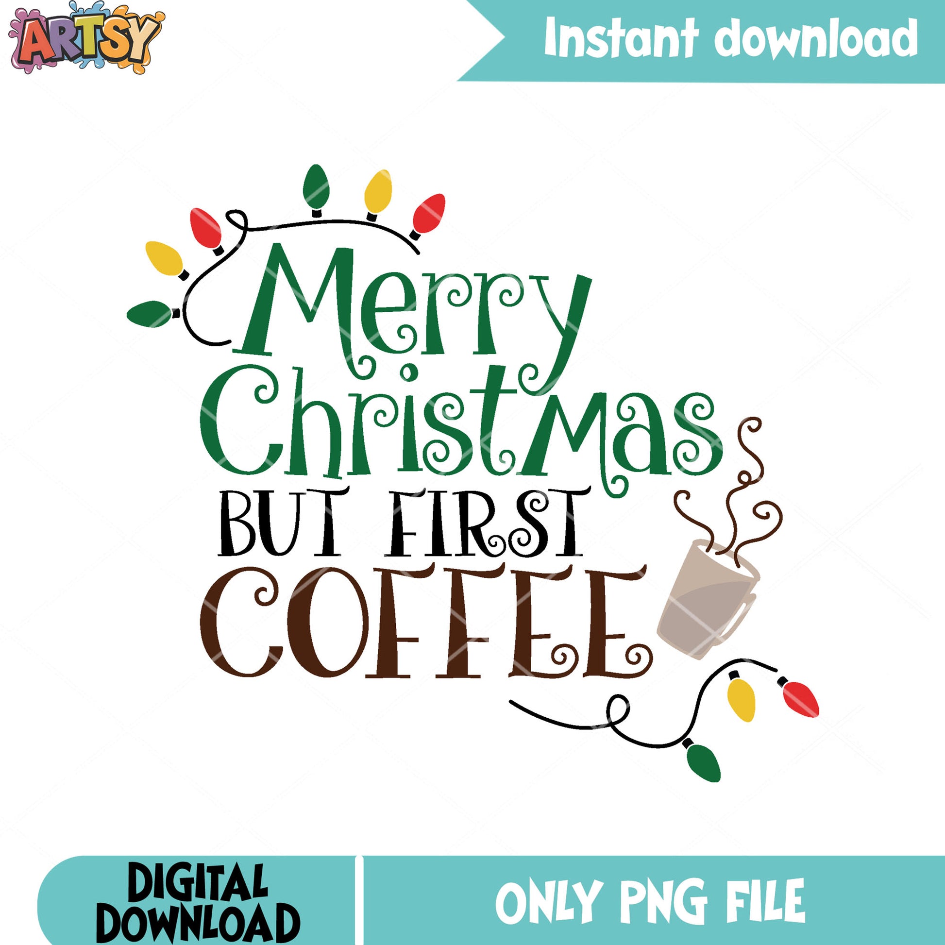 The first coffee xmas png, christmas coffee png, christmas lights png