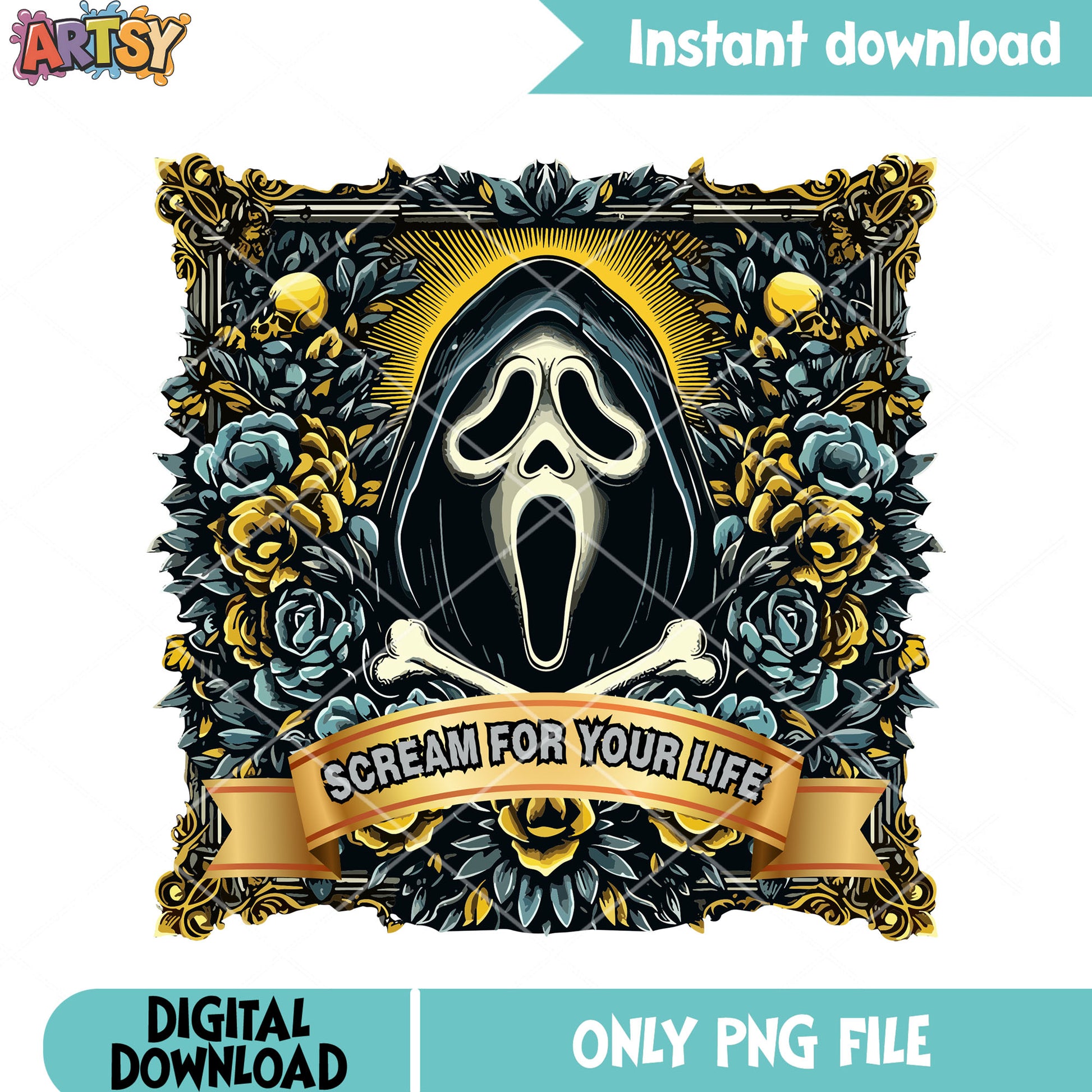 The ghostface png, yellow blue flower png, halloween scary png