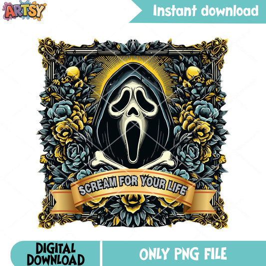 The ghostface png, yellow blue flower png, halloween scary png