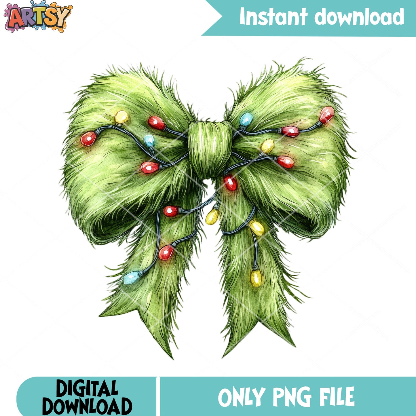 The grinch bow christmas png, christmas lights png, christmas vibes png