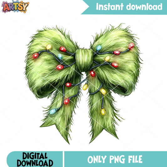 The grinch bow christmas png, christmas lights png, christmas vibes png