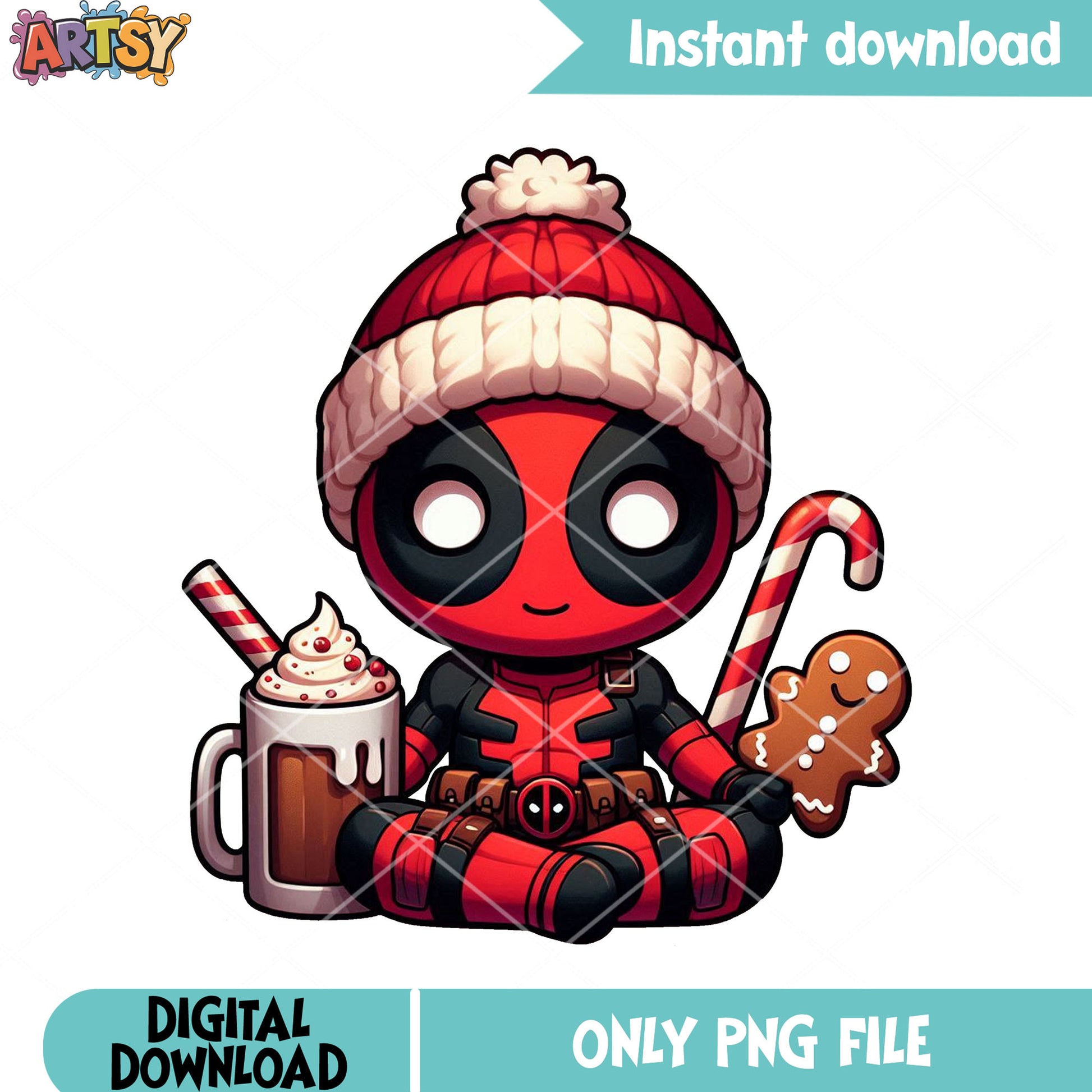 The grown chibi deadpool png, merry xmas png, christmas coffee png