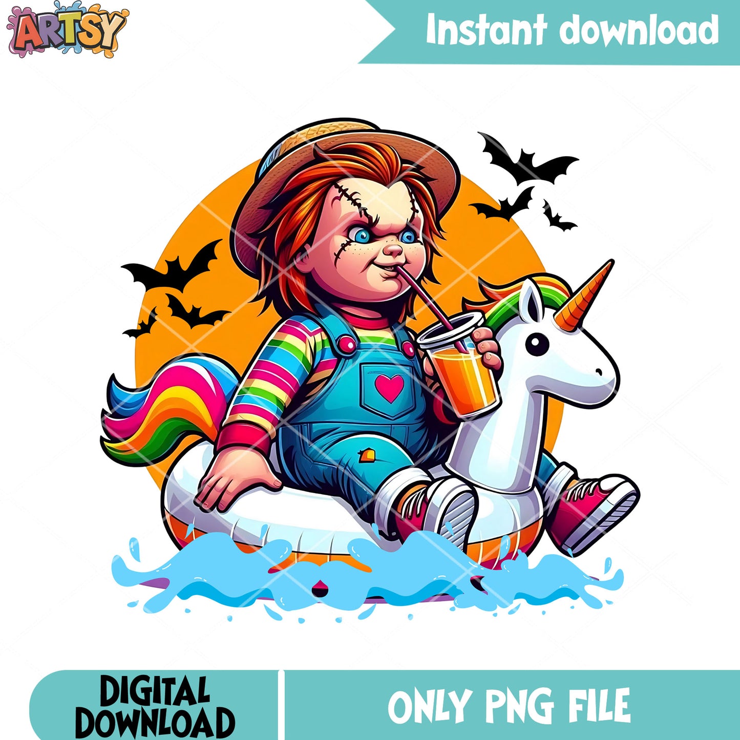 The killer doll png, summer vibes png, unicorn float png