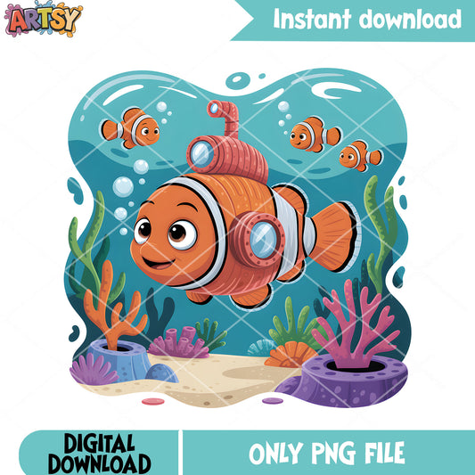 The ocean submarine poster png, clownfish nemo png, disney vibes png