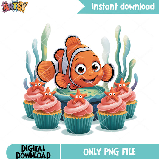 The orange fish coral png, cupcake png, clownfish nemo png