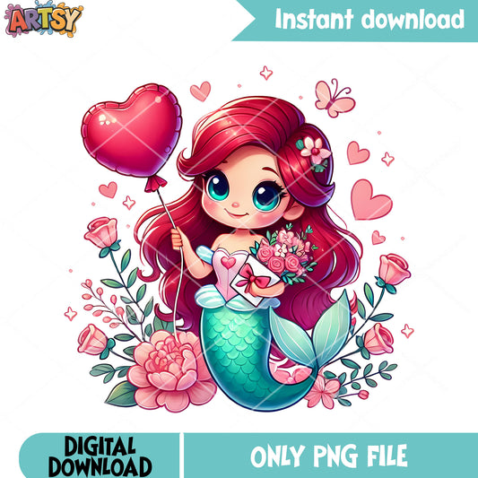 The red hair mermaid valentine png, disney valentine png, valentine png