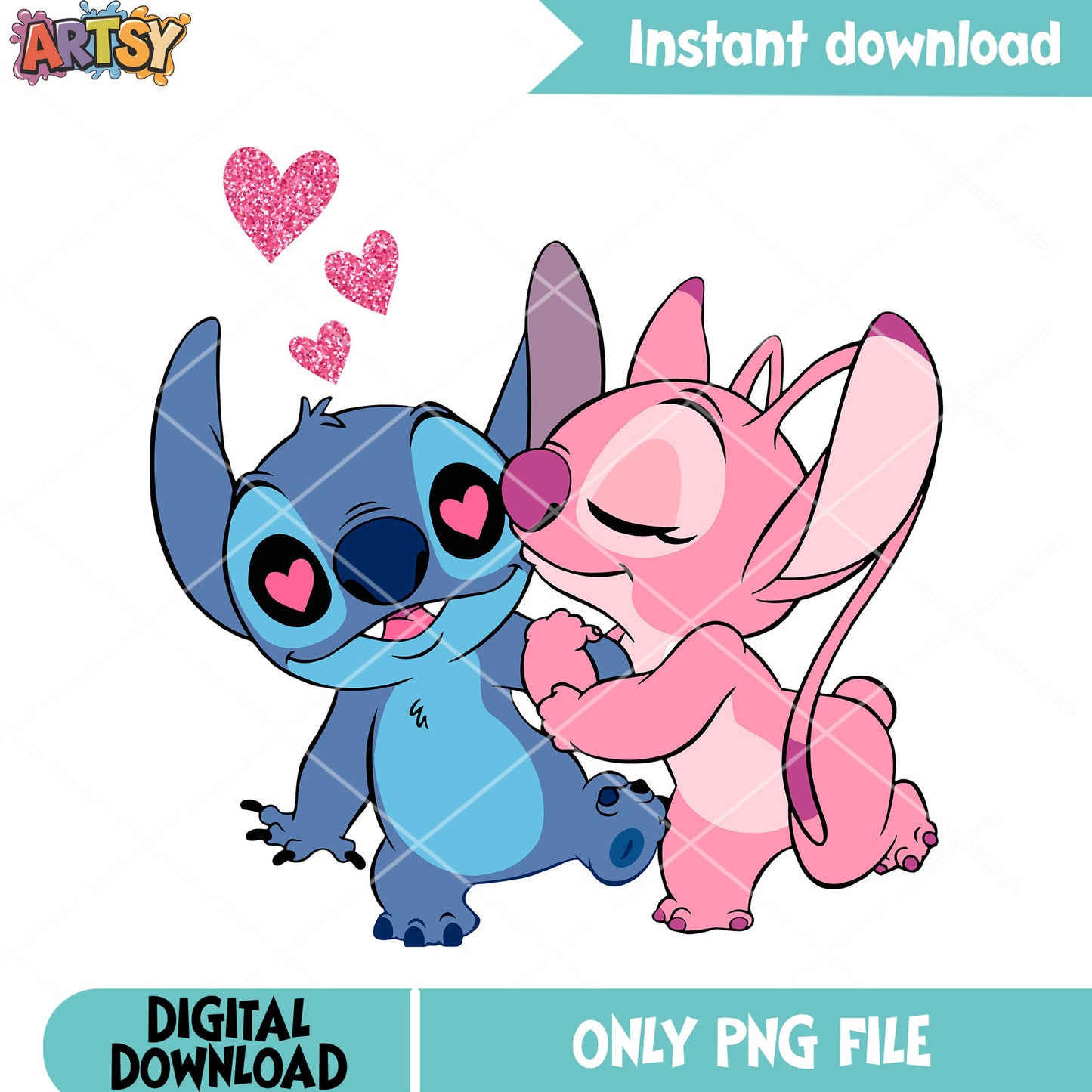 The stitch and angel valentines png, love vibes png, cute stitch png