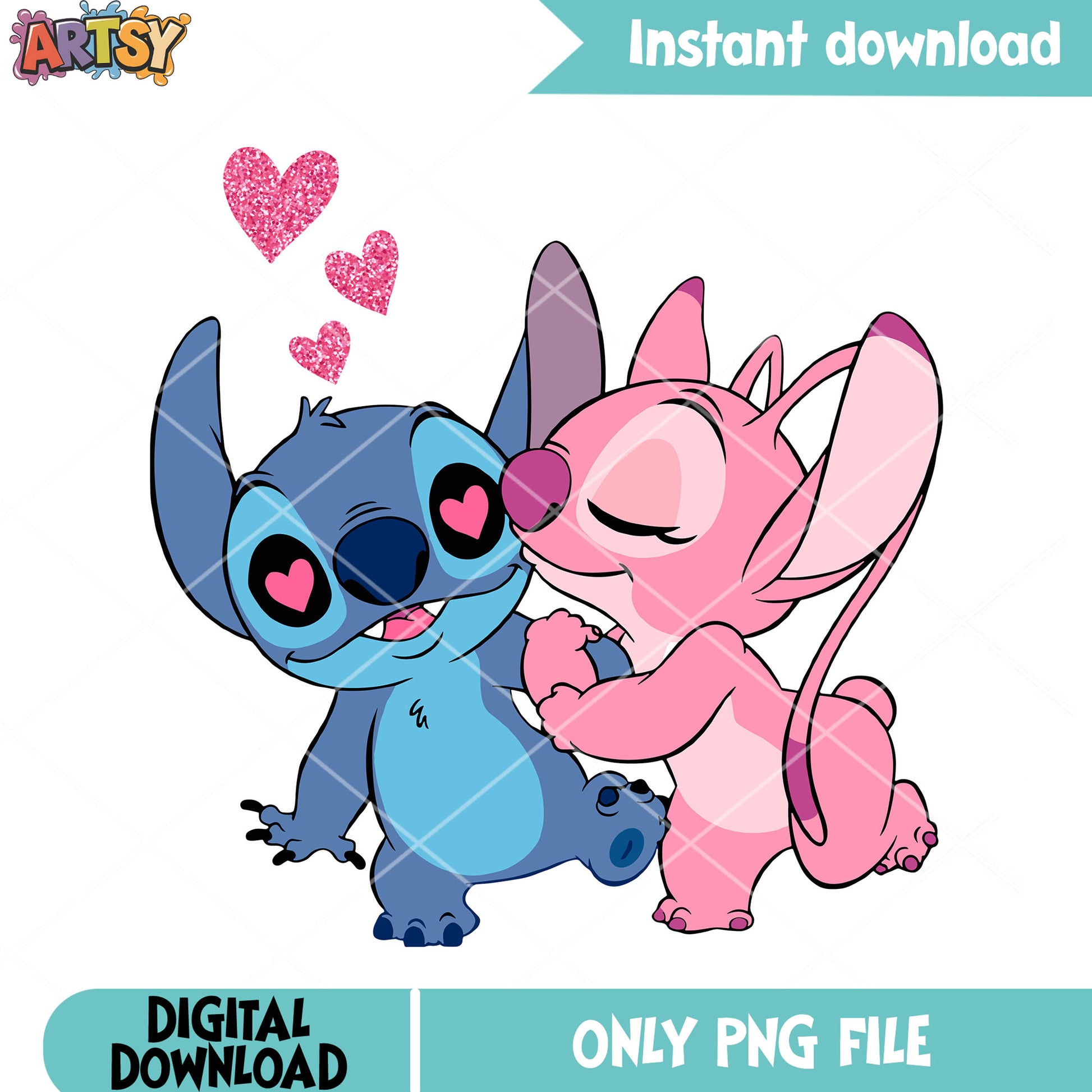 The stitch and angel valentines png, love vibes png, cute stitch png