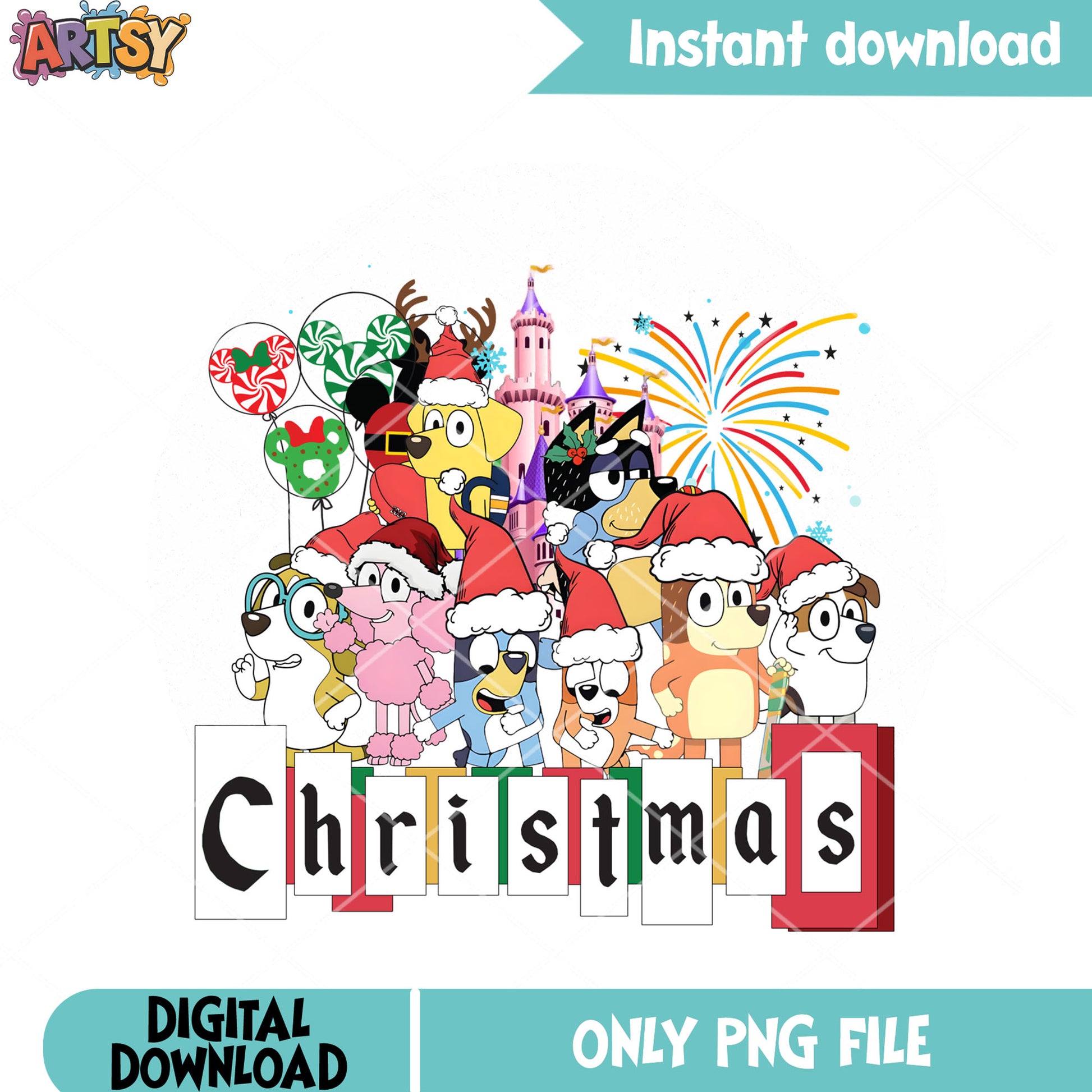 The xmas cartoon dogs png, bluey movies png, merry christmas png