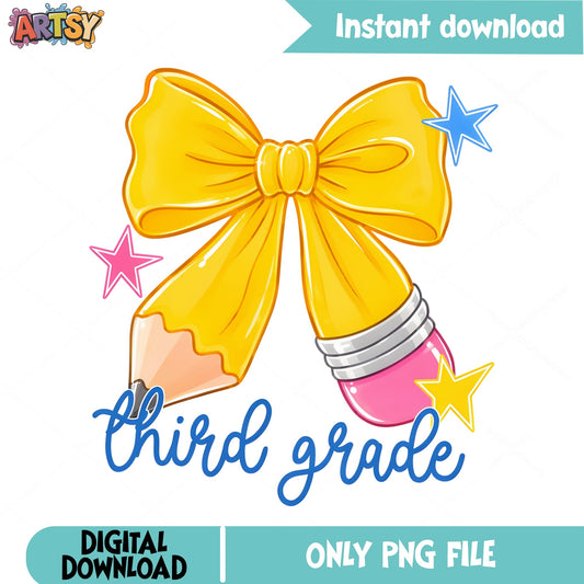 Third Grade Pencil Bow PNG, Back To School PNG, Teacher PNG