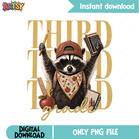 Third Grade Raccoon PNG, Back To School PNG, 3rd Grade PNG