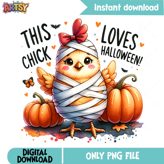 This Chick Loves Halloween PNG, Mummy Chicken Halloween, Cute Chick PNG